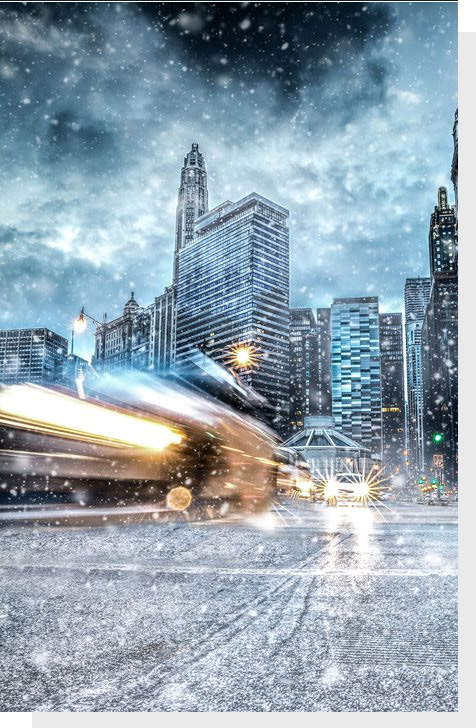 Snow storm and freezing temperature cityscape
